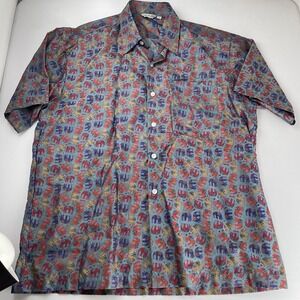 Thai Silk Shirt Mens XL 100% Silk Short Sleeve Pocket Button Up Blue W/ Elephant